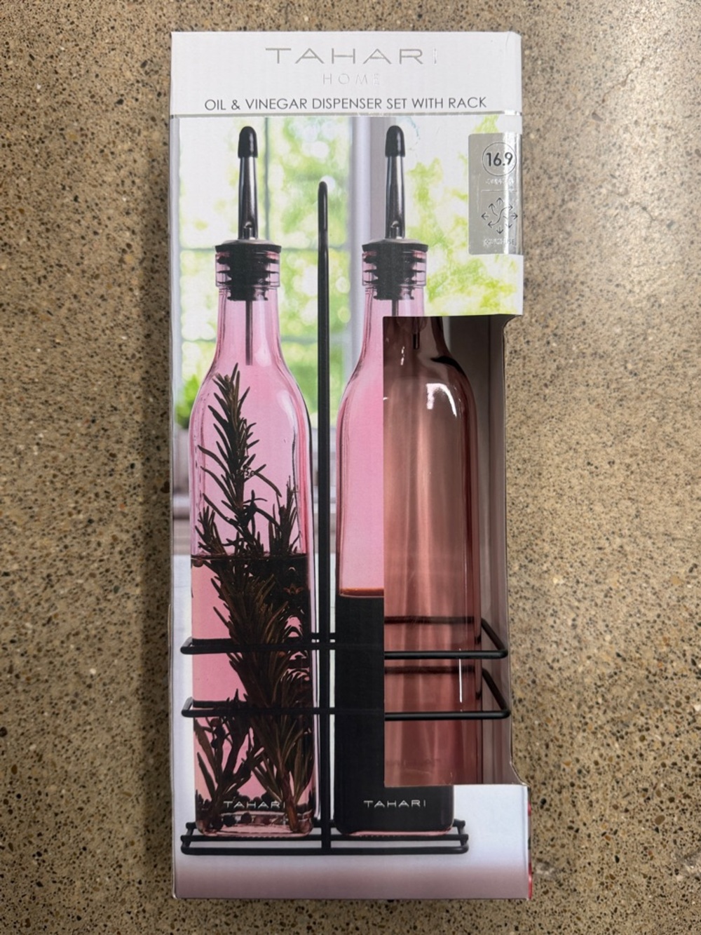 Tahari Pink Glass Oil & Vinegar Bottle Set with Black Rack